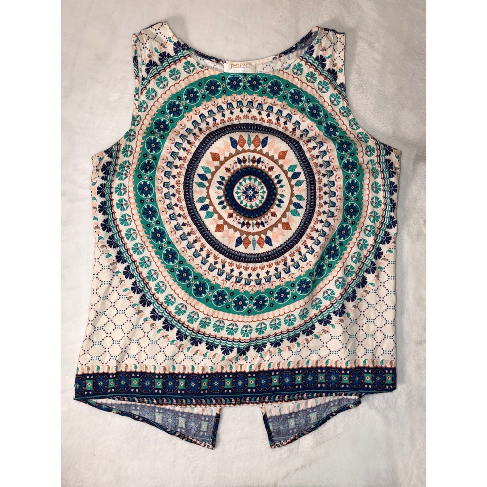 Renee C Womens Bohemian Mandala Print Sleeveless Split Back Blouse Teal Blue